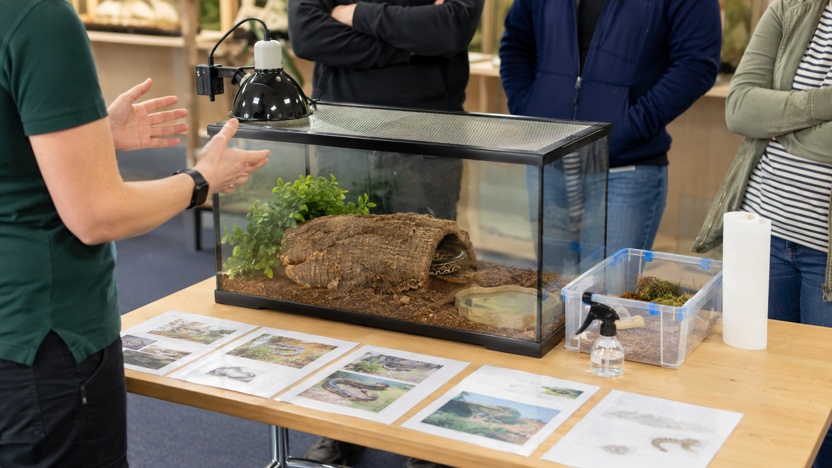 Educator guiding a reptile-care session around a habitat while attendees observe from a respectful distance.