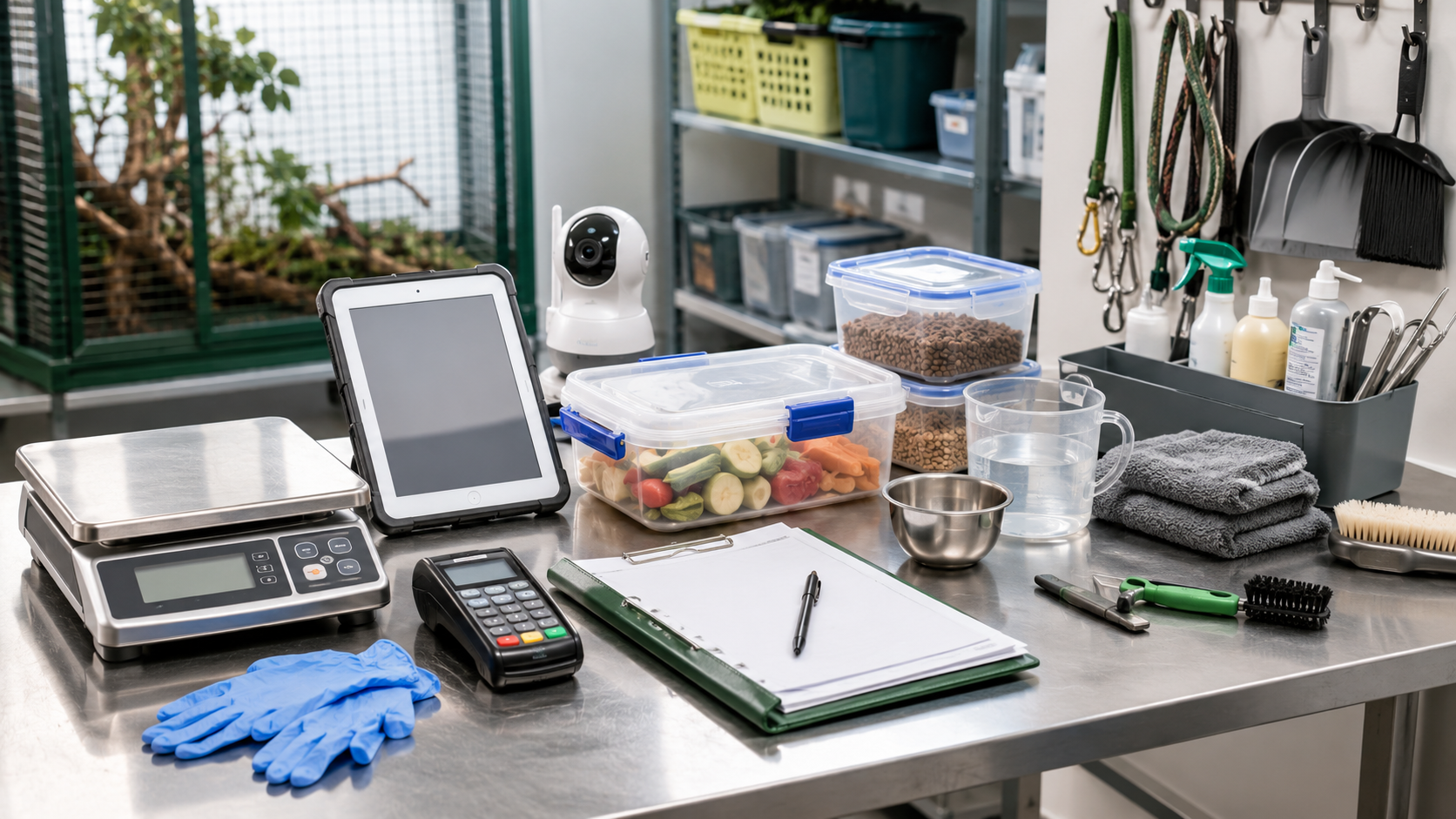 Operational table showing scales, tablet, payment device, food containers, tools and care items that support daily APES welfare work.