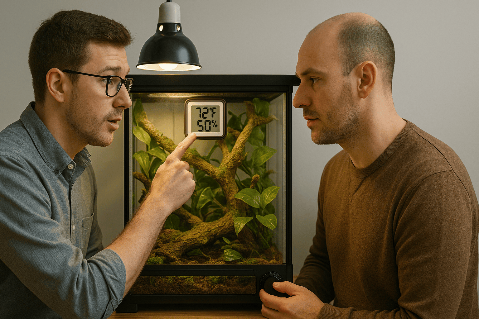 Advisor helping an owner adjust heat and humidity in a vivarium