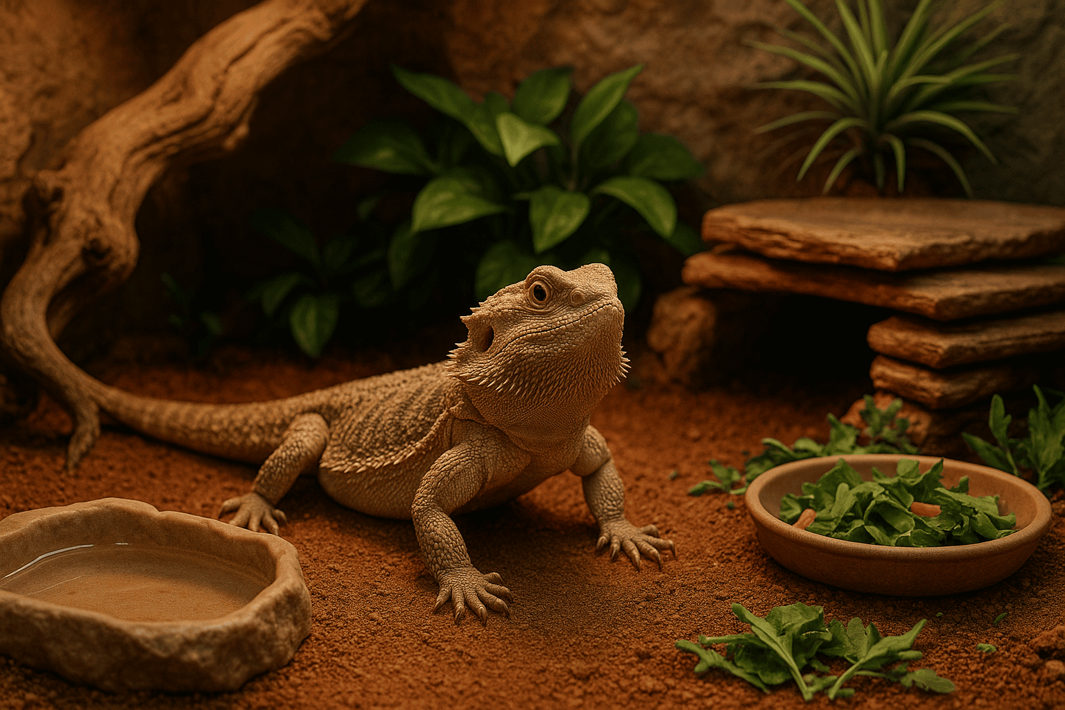 Rehabilitated bearded dragon in an enriched enclosure